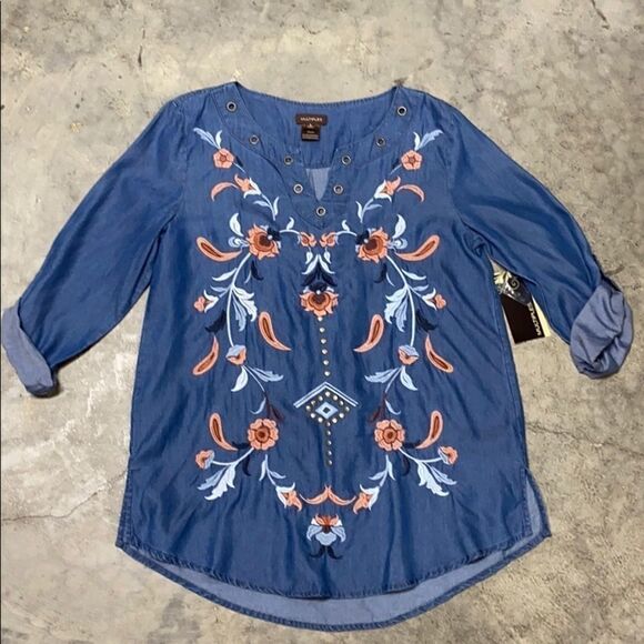 Multiples L/S Embroidery Chambray Top Size S - Picture 4 of 9